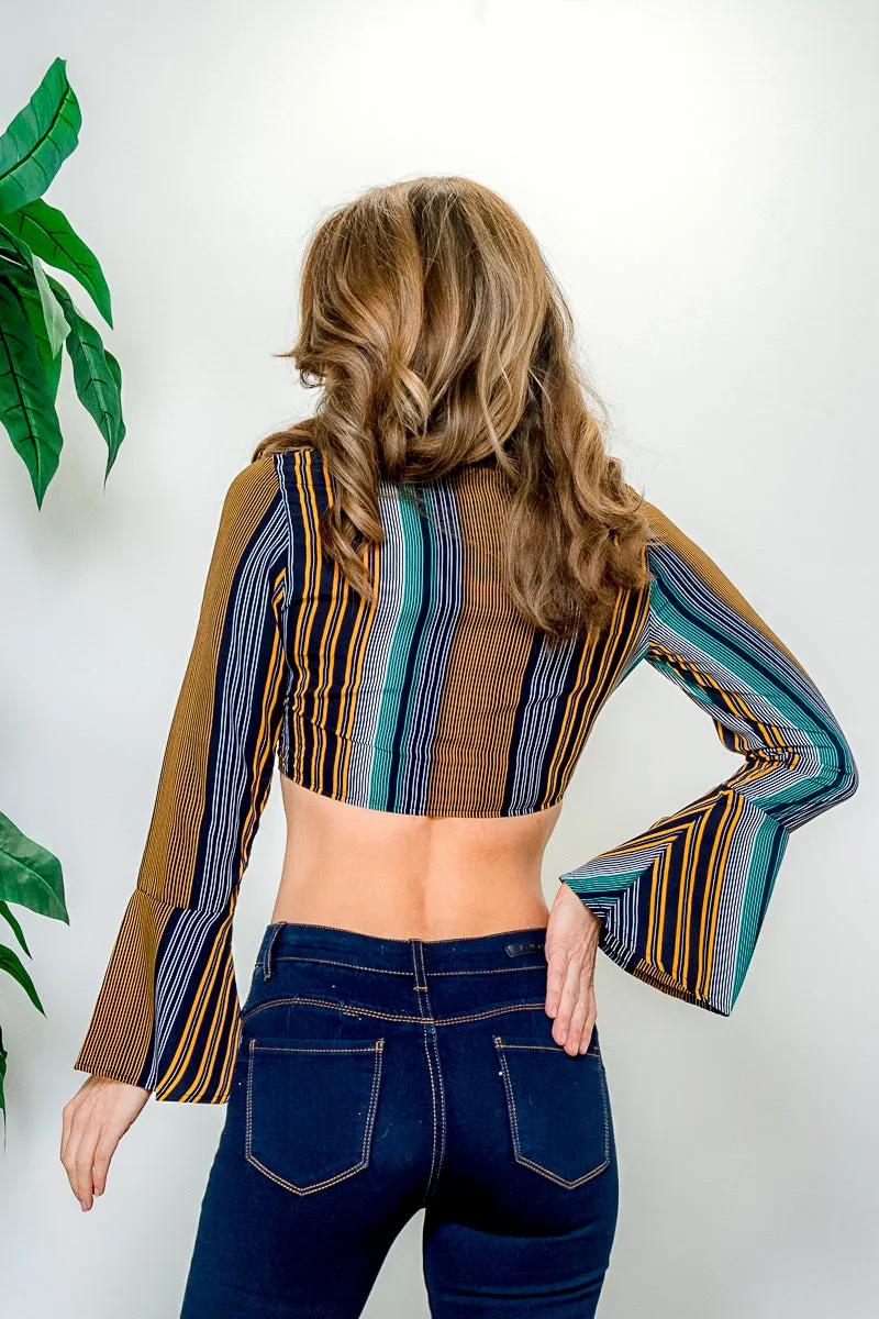 Multi Color Stripe Long Sleeve Plunge V Neck Tie Front Crop Top with Bell Cuffs (BT7203-1)