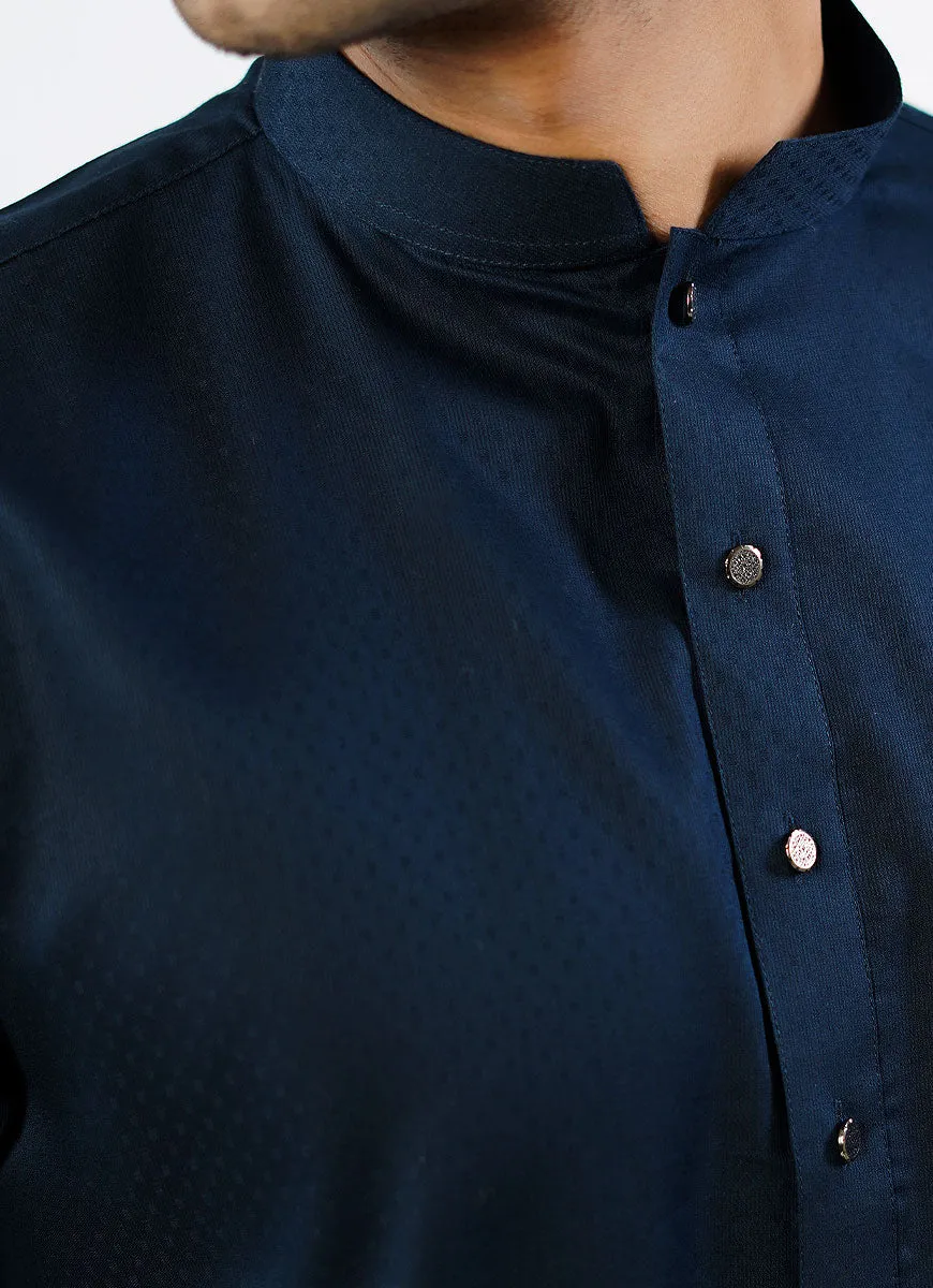 Navy Blue Dotted Dobby Design Phantom Cotton Kurta