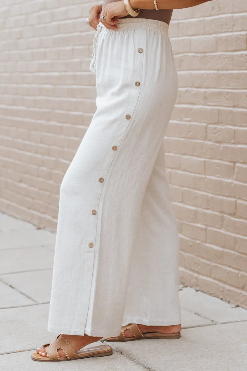 Oatmeal Button Linen Wide Leg Pants - FINAL SALE