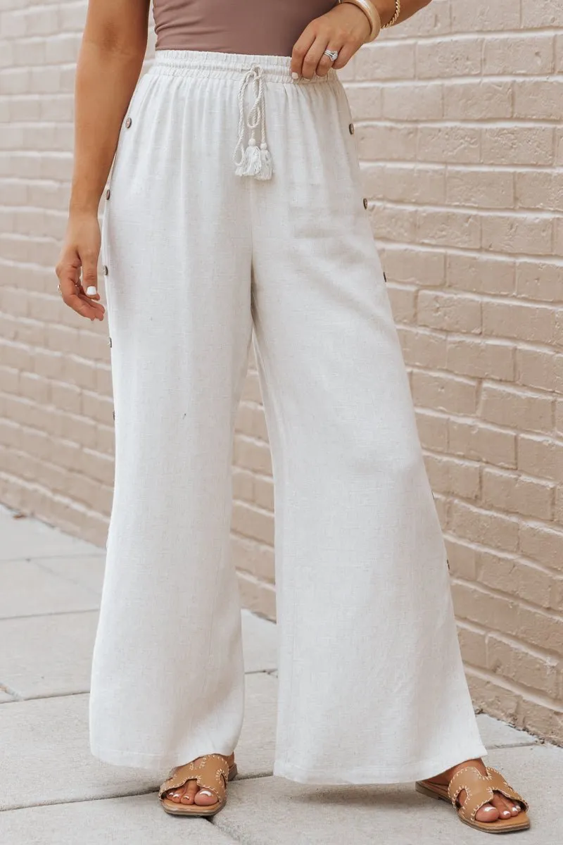 Oatmeal Button Linen Wide Leg Pants - FINAL SALE