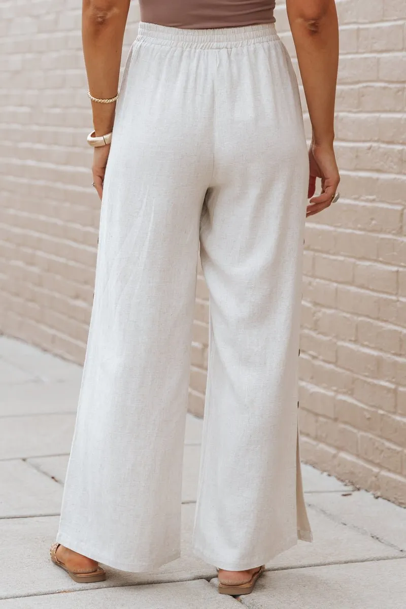 Oatmeal Button Linen Wide Leg Pants - FINAL SALE