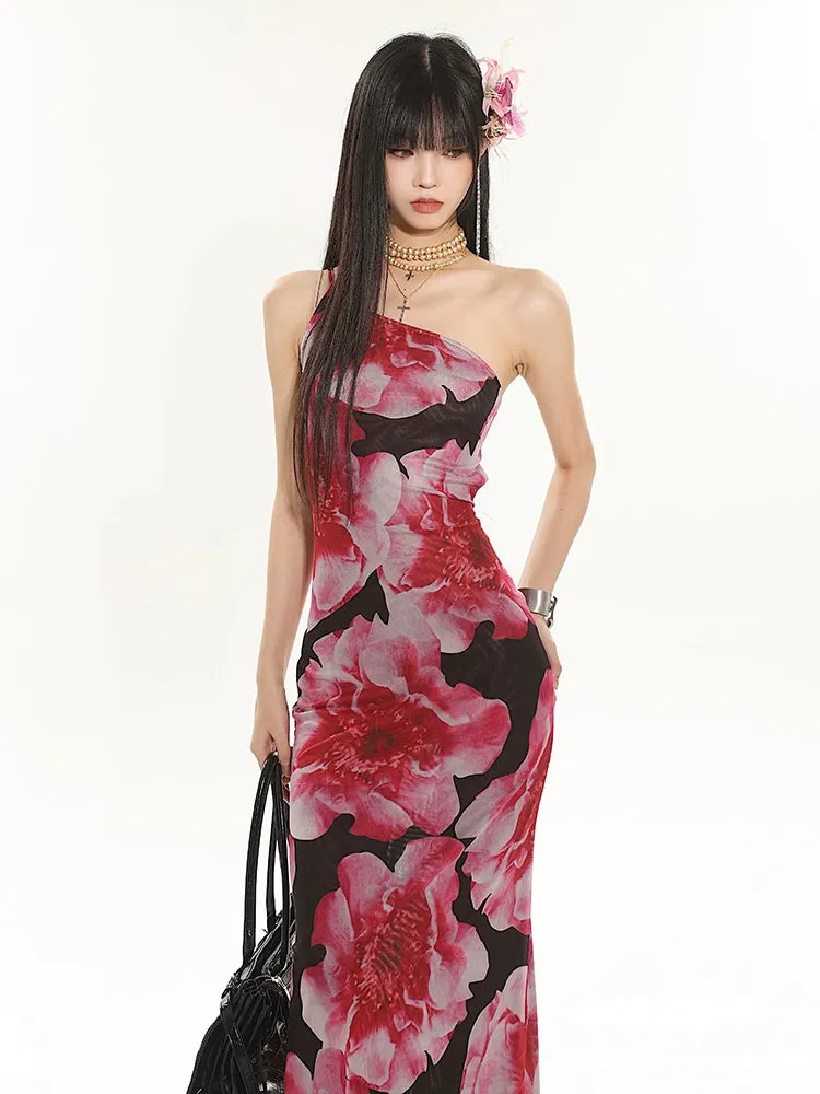 One Shoulder Floral Maxi Dress with Back Cut-Out Detail