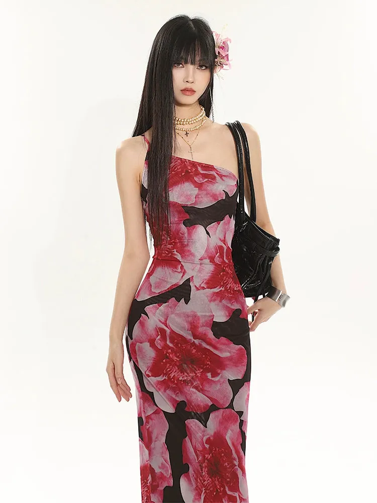 One Shoulder Floral Maxi Dress with Back Cut-Out Detail