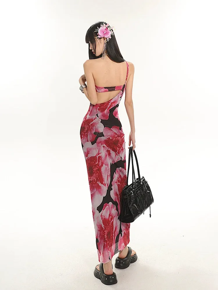 One Shoulder Floral Maxi Dress with Back Cut-Out Detail