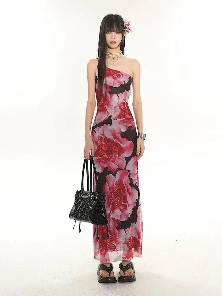 One Shoulder Floral Maxi Dress with Back Cut-Out Detail