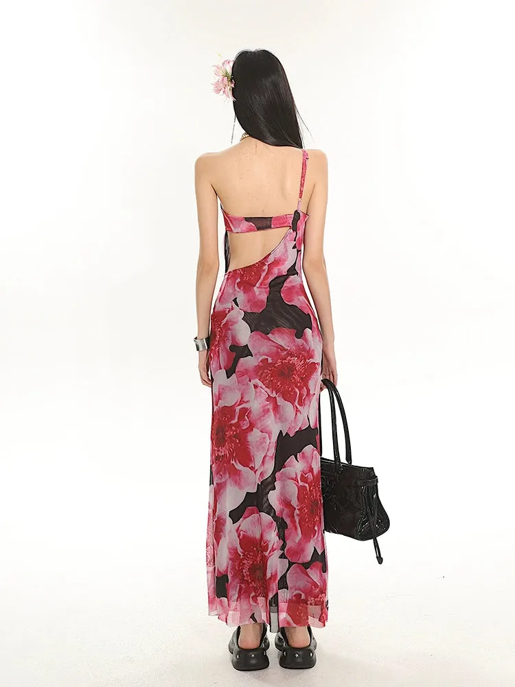 One Shoulder Floral Maxi Dress with Back Cut-Out Detail