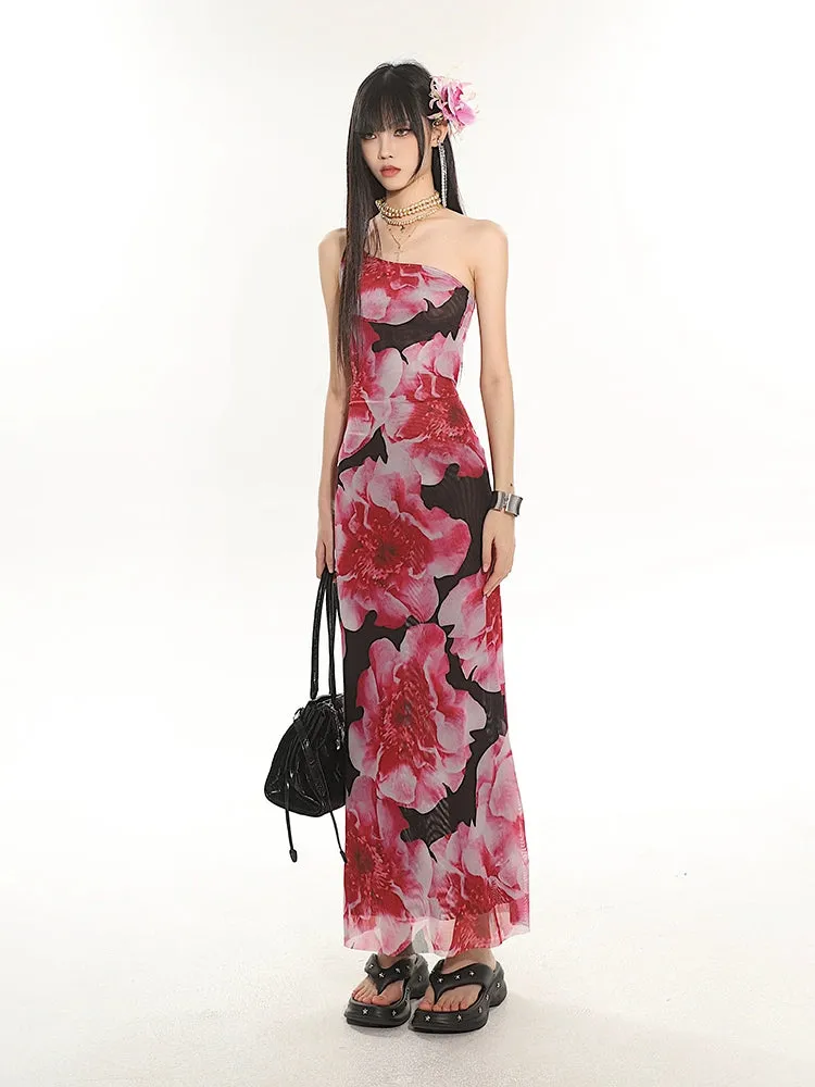 One Shoulder Floral Maxi Dress with Back Cut-Out Detail