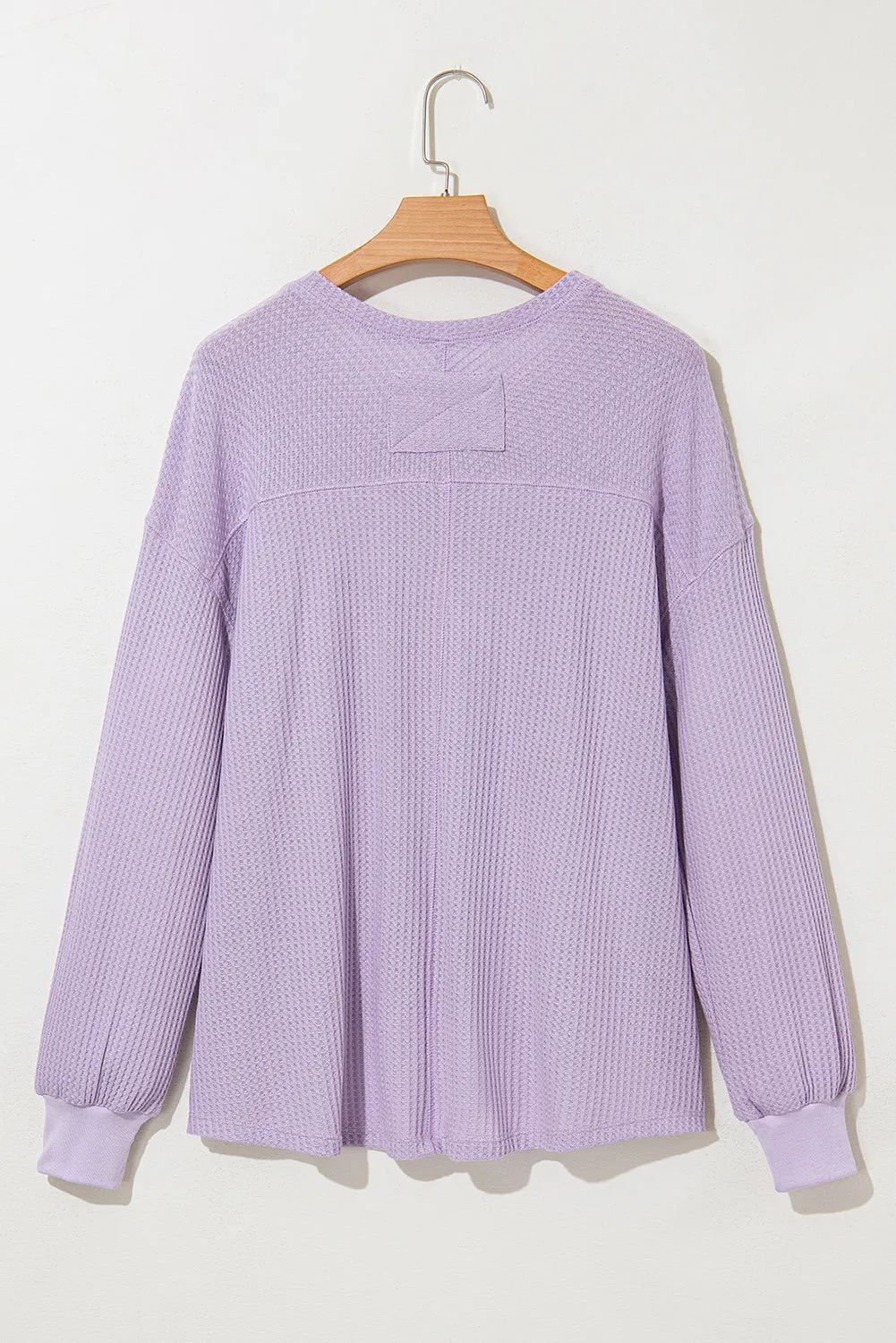 Orchid Petal Waffle V Neck Long Sleeve Drop Shoulder Loose Blouse