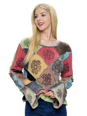 Patchwork Bell Sleeved Cotton Top