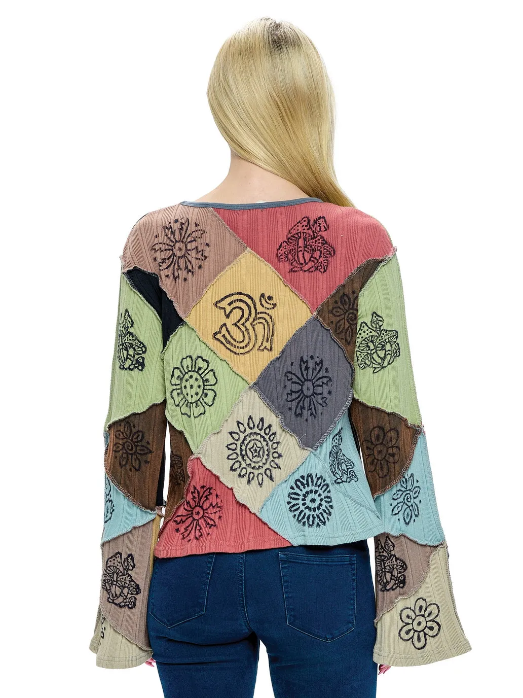 Patchwork Bell Sleeved Cotton Top