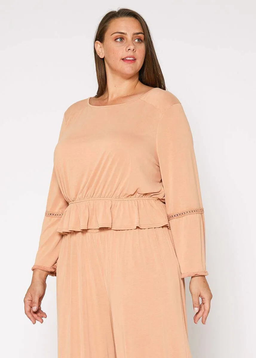 Plus Size Women's Fringe Cuff Bell Sleeve Top in Apricot