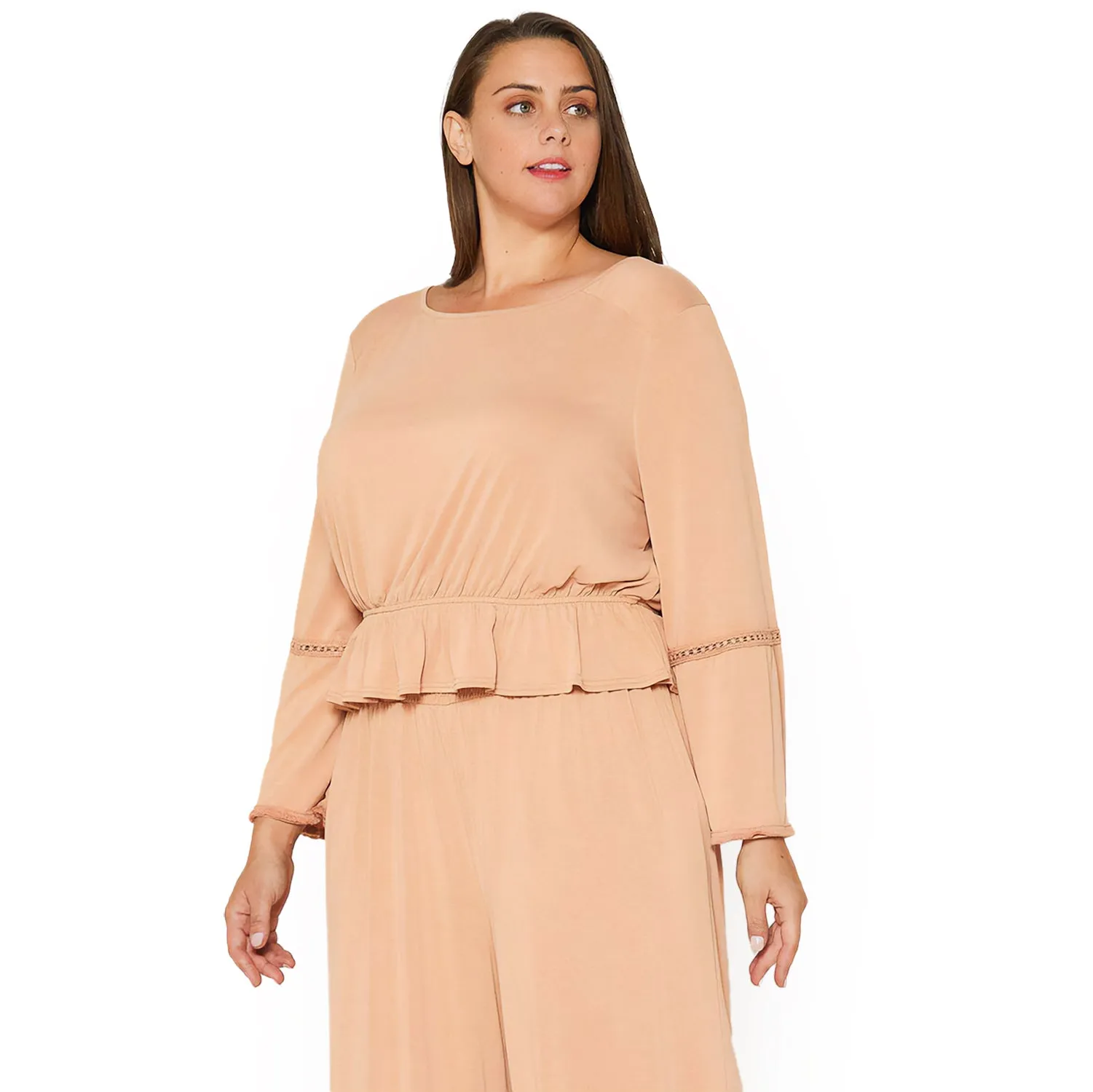 Plus Size Women's Fringe Cuff Bell Sleeve Top in Apricot