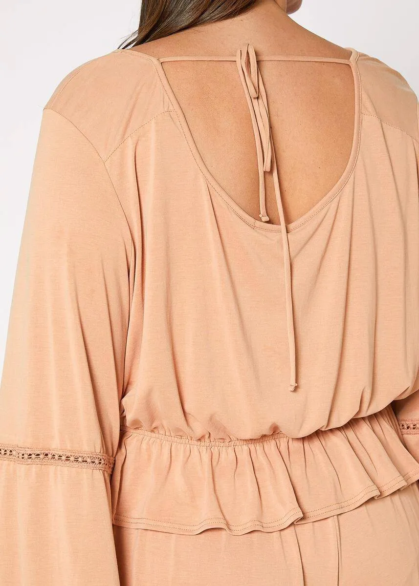 Plus Size Women's Fringe Cuff Bell Sleeve Top in Apricot