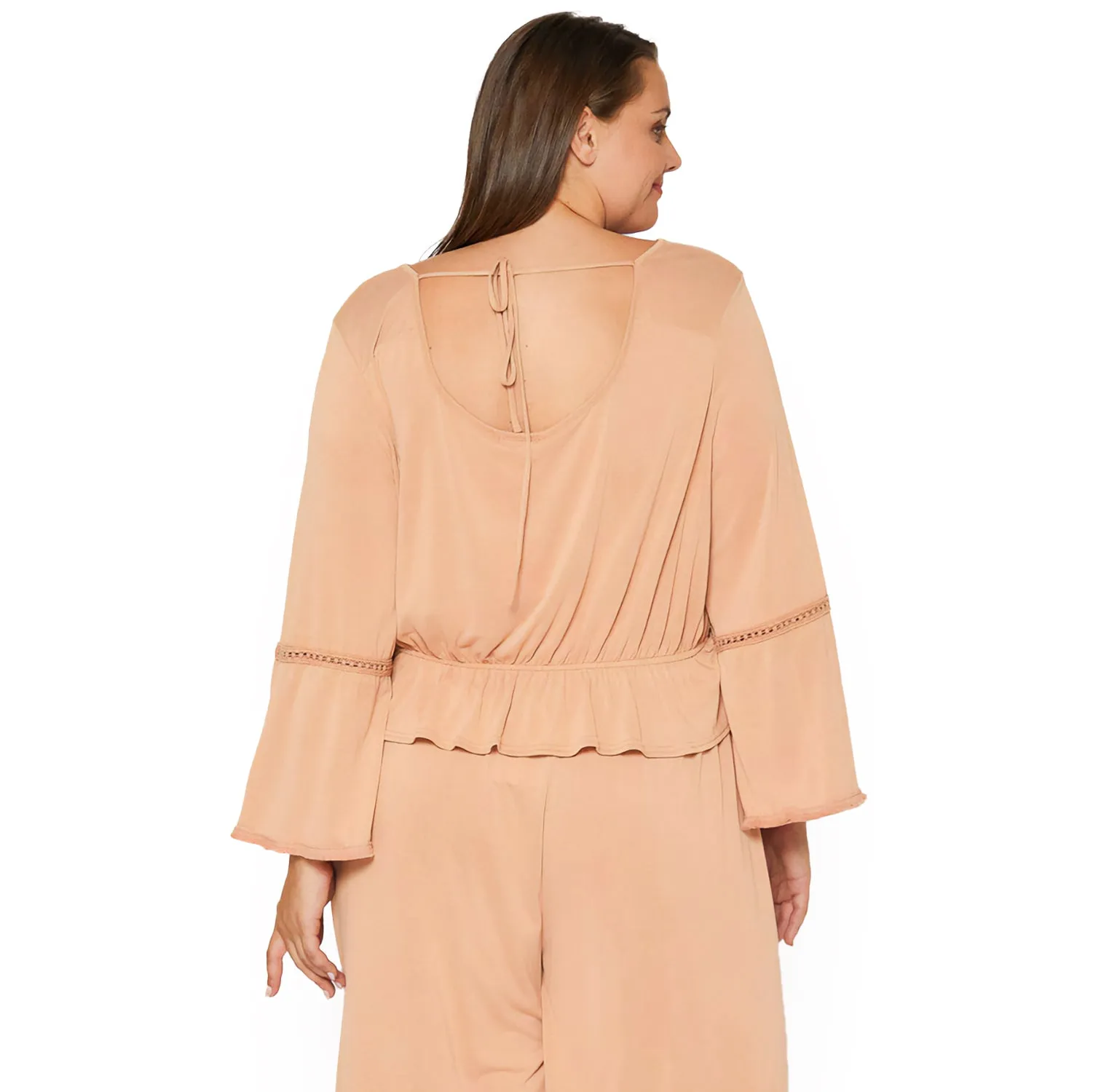 Plus Size Women's Fringe Cuff Bell Sleeve Top in Apricot