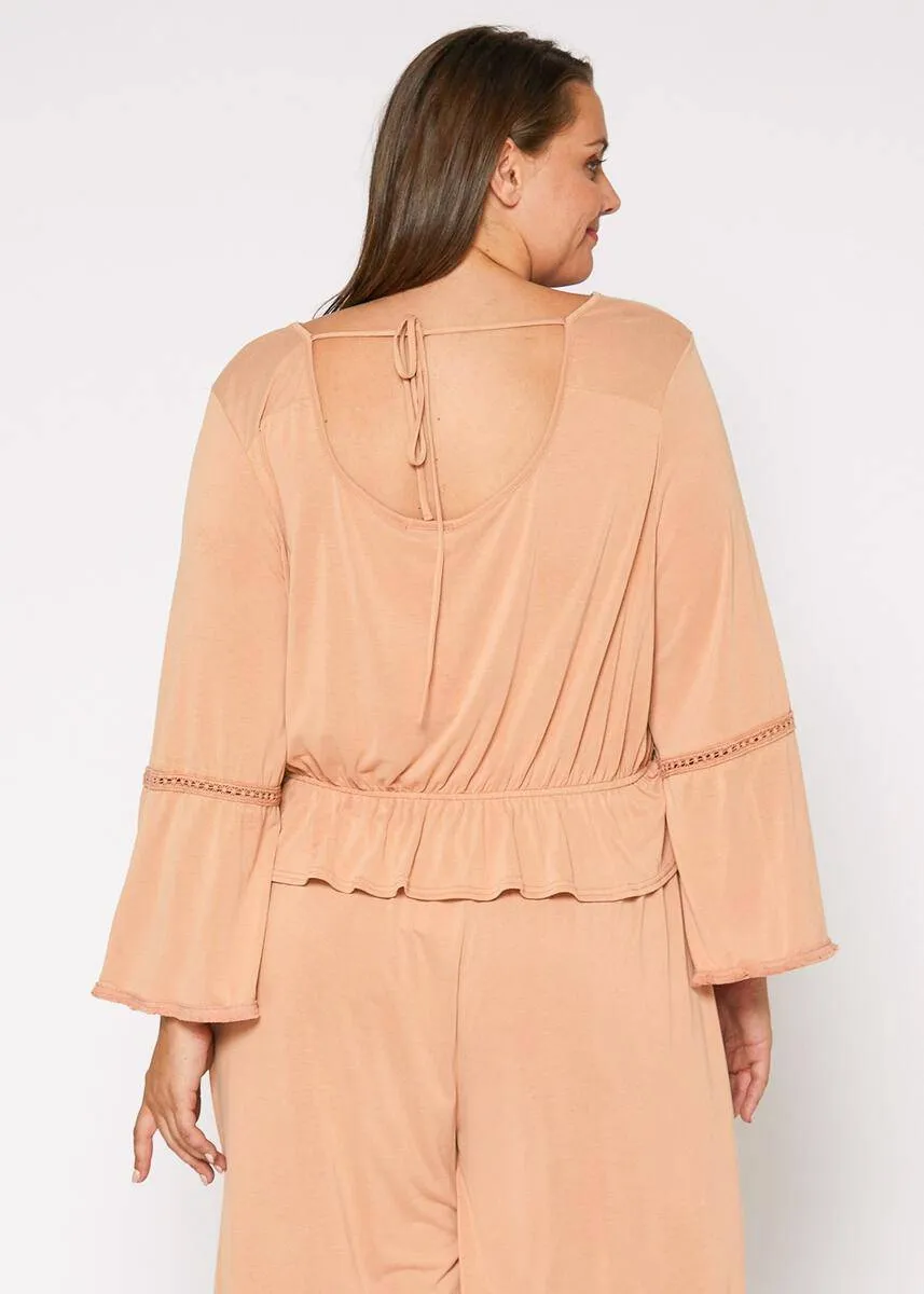Plus Size Women's Fringe Cuff Bell Sleeve Top in Apricot