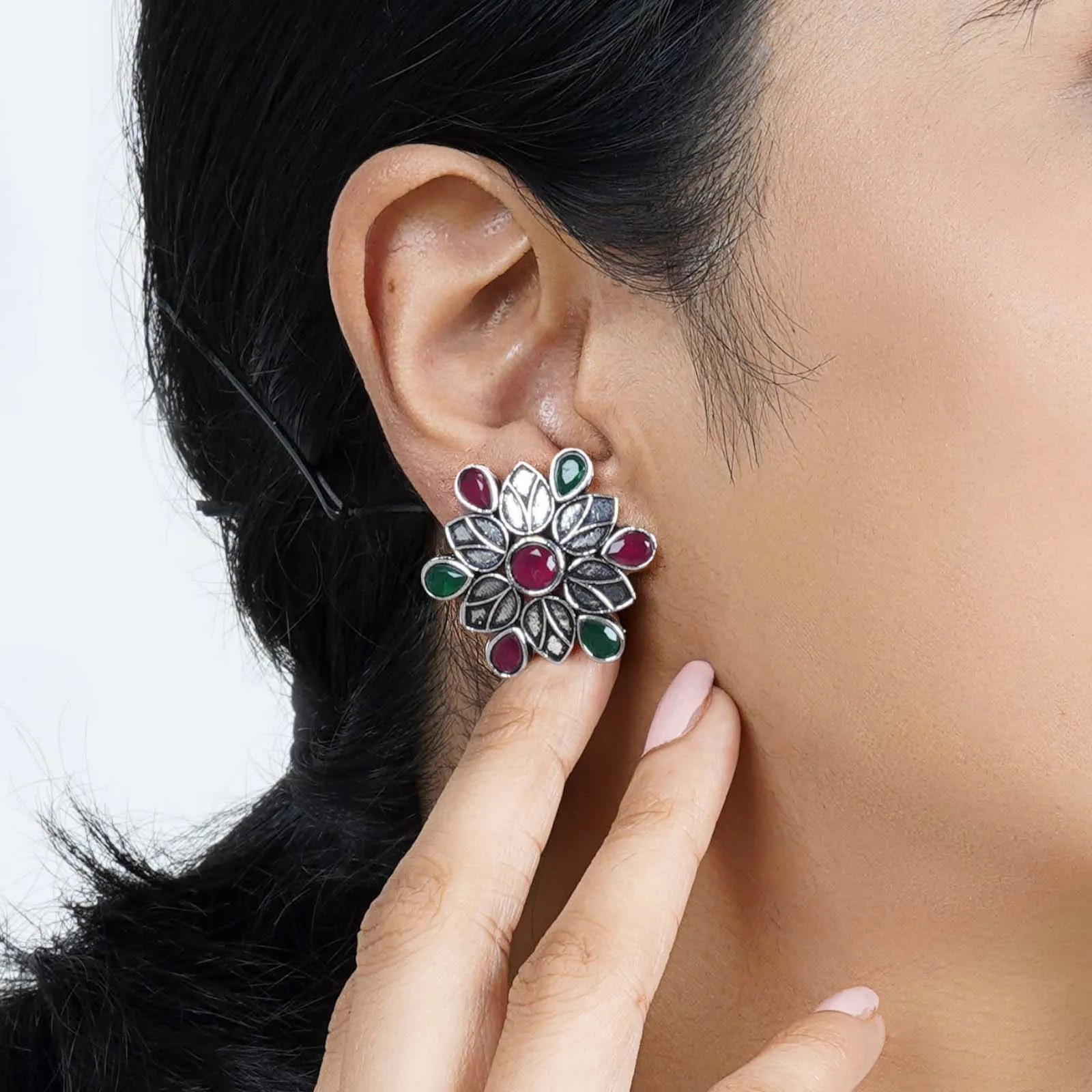 Teejh Aashini Multicolored Stone Silver Oxidised Earring