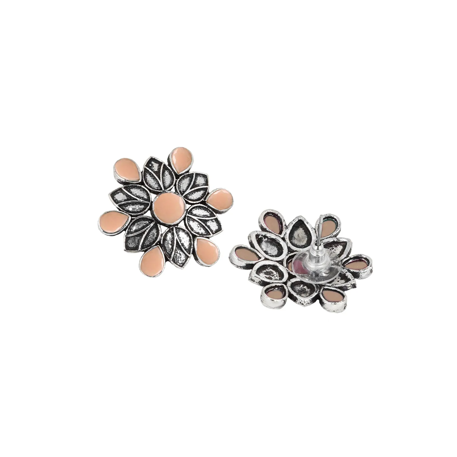 Teejh Aashini Salmon Pink Stone Silver Oxidised Earring