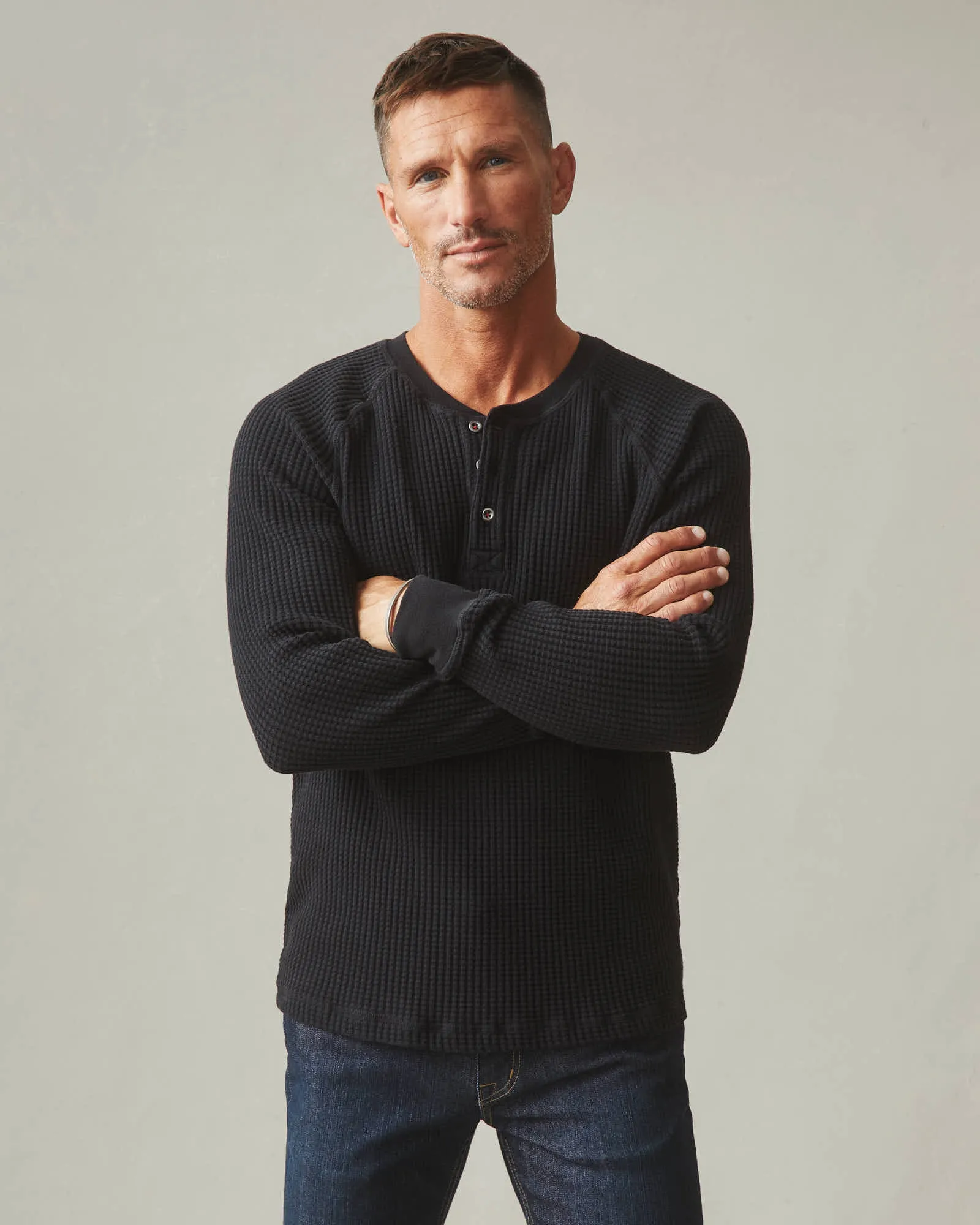 Waffle Henley Long Sleeve - Black