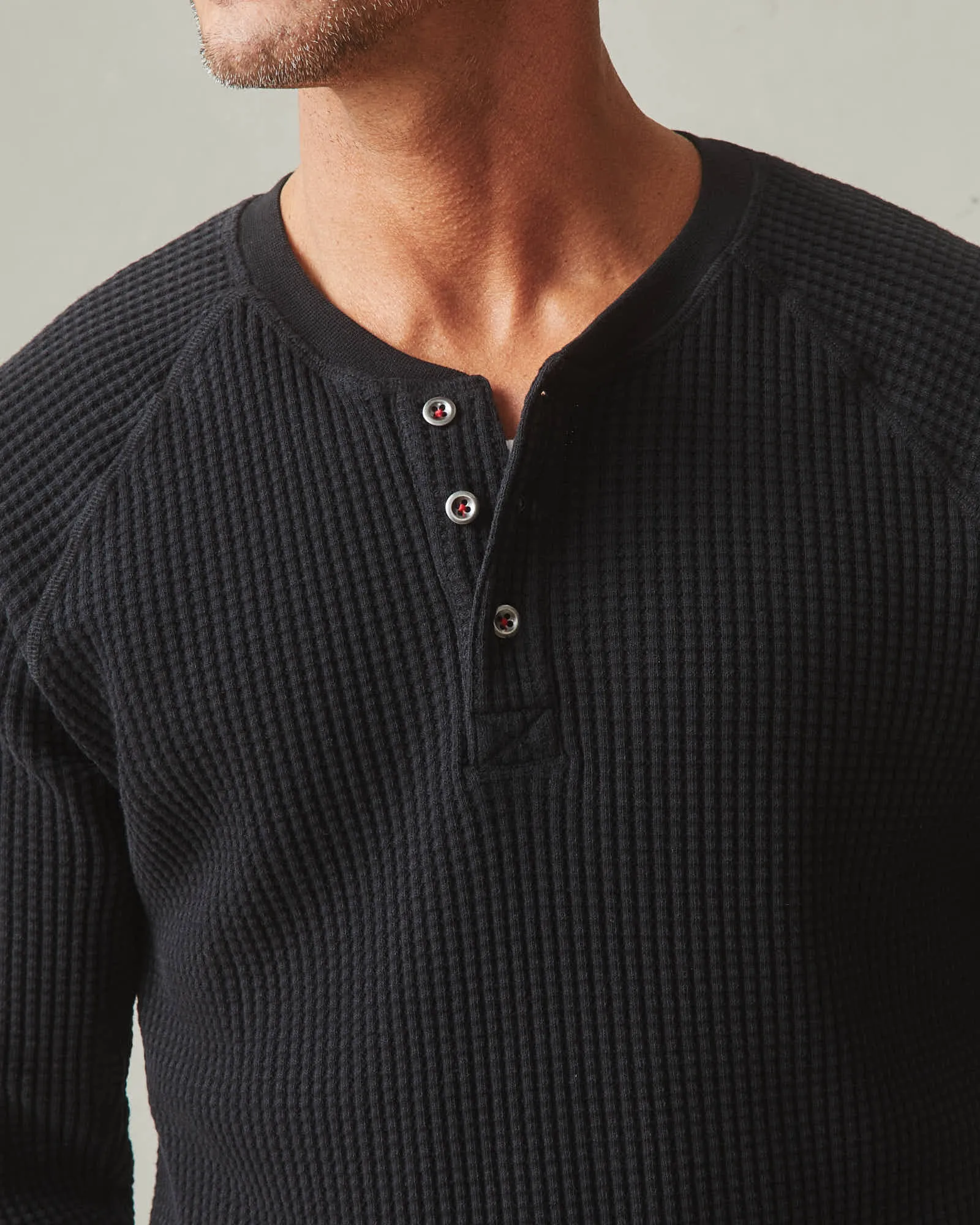 Waffle Henley Long Sleeve - Black